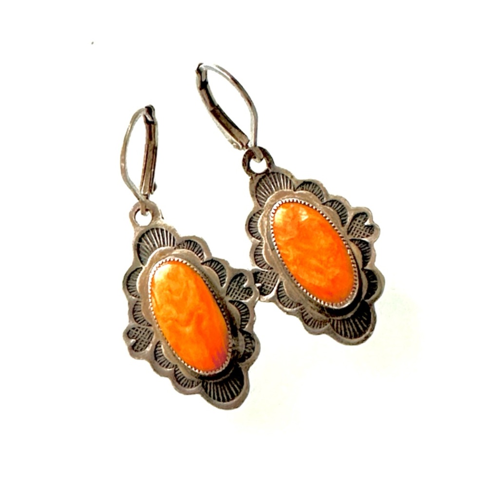 Vintage Don Lucas Sterling Silver Spiny Oyster Stone Drop Earrings